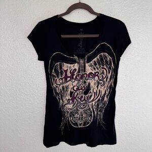 Key Closet Top Women Medium Honor Is Key Guitar Angel Wings Graphic T Shirt Y2K